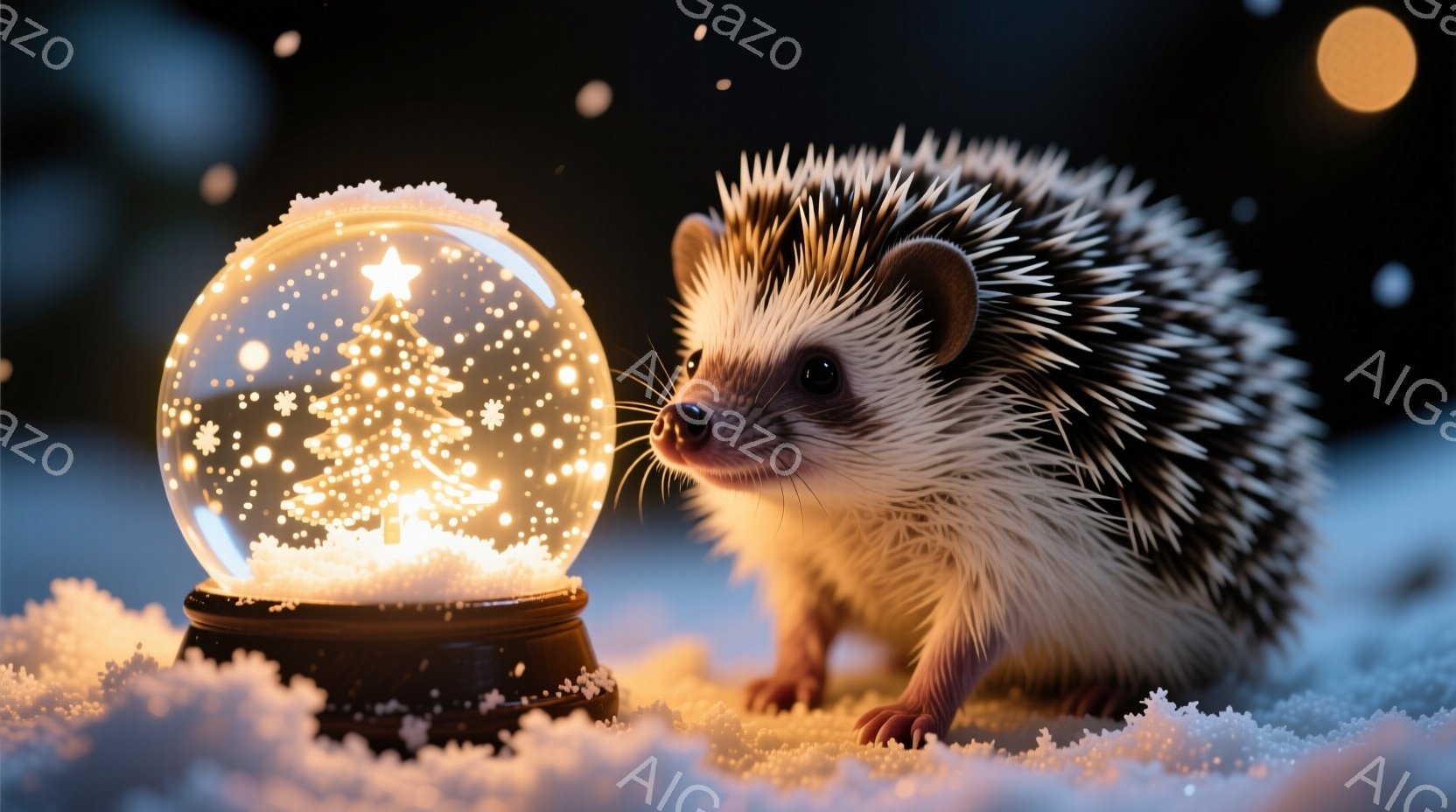 雪景色の中に、小さなハリネズミが置かれた雪の玉のそばに立っている。ハリネズミは毛並みが良く、好奇心旺盛な表情で雪の玉を見つめている。背景は暗く、ぼやけた光と雪の粒子が幻想的な雰囲気を醸し出している。