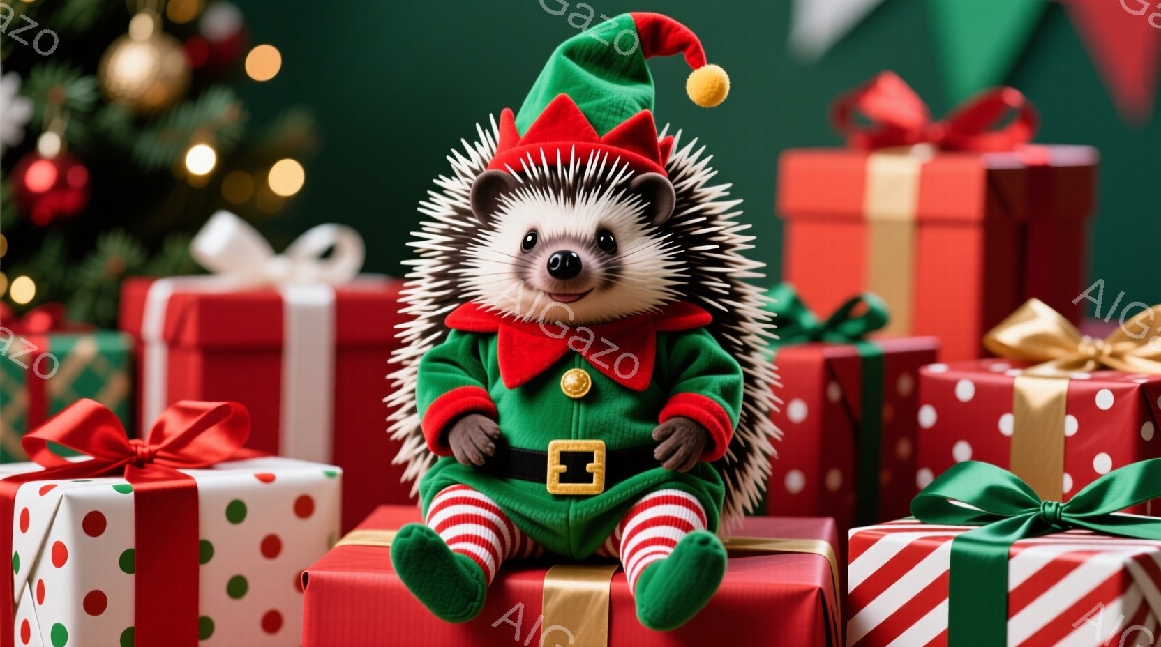 クリスマスのプレゼントの山の上に座っているハリネズミが描かれています。ハリネズミは緑色のエルフの衣装を着ており、赤い襟と縞模様の靴下を履いています。背景には、ぼやけたクリスマスツリーと、赤と緑の包装紙で包まれた様々なプレゼントボックスが散りばめられており、全体的に温かくお祝いムードに満ちています。