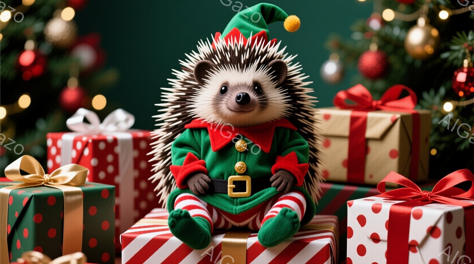 とげのある動物（ハリネズミ）が、緑色のエルフの衣装を着てプレゼントの山に座っています。衣装には、赤い襟と袖口、白いストライプの靴下、金のバックルが特徴的です。背景には、クリスマスツリーと様々な模様のプレゼント箱が並び、お祝いの雰囲気を醸し出しています。