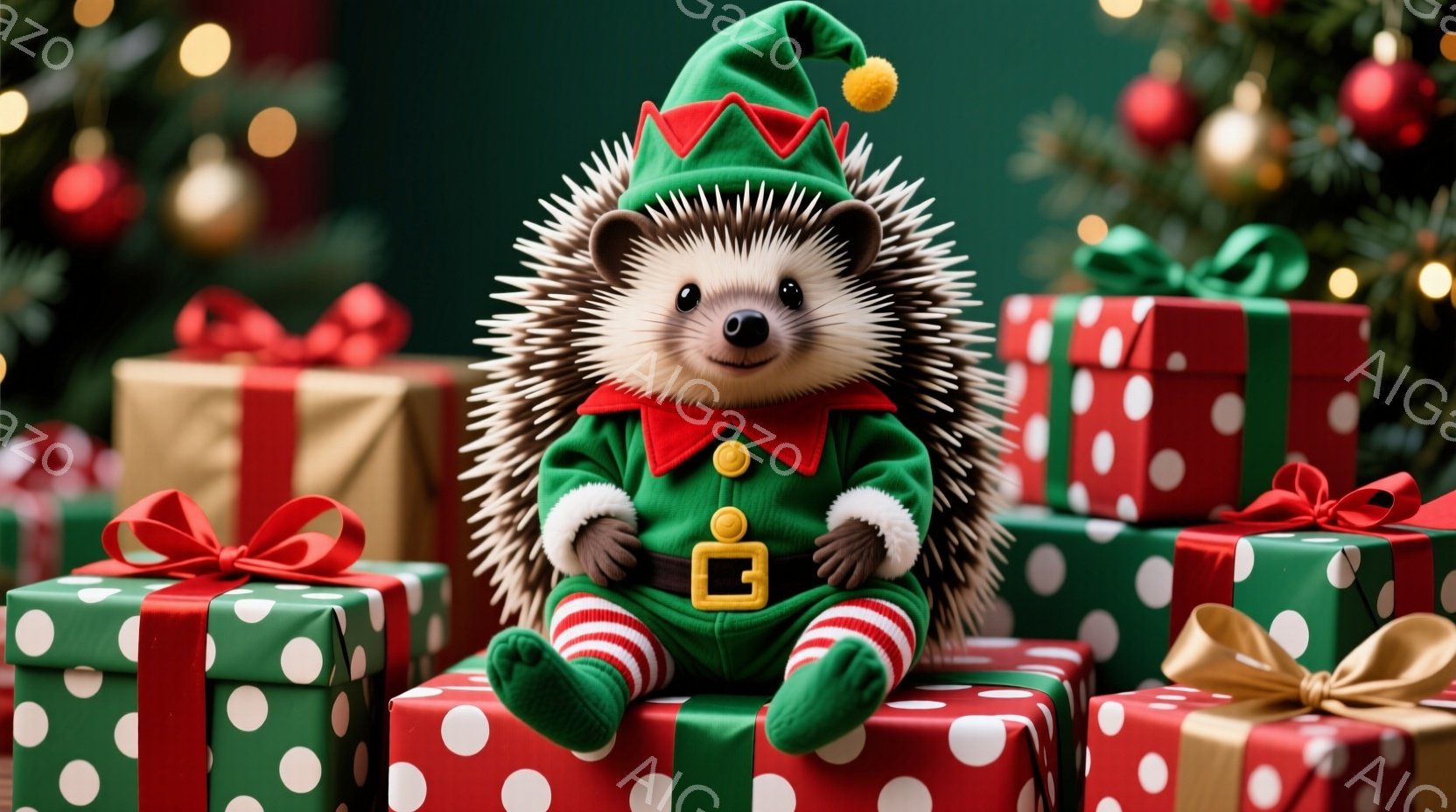 ハリネズミがクリスマスのエルフの衣装を着て、プレゼントの山に座っています。エルフの衣装は緑色で、赤いストライプの靴下と赤い襟がついています。背景には緑色のモミの木と、赤いと緑の包装紙で包まれたクリスマスプレゼントが散りばめられており、温かくお祝いの雰囲気です。