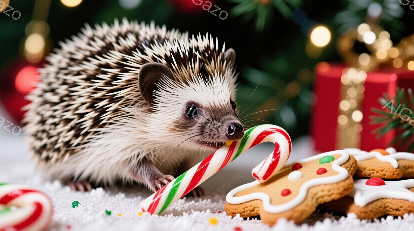 クリスマスの背景を背景にした可愛らしいハリネズミが写っています。ハリネズミはペパーミントキャンディに鼻を近づけ、クリスマスクッキーがいくつか並んでいる白い表面に寄りかかっています。背景には、ぼやけたク - AI生成フリー素材