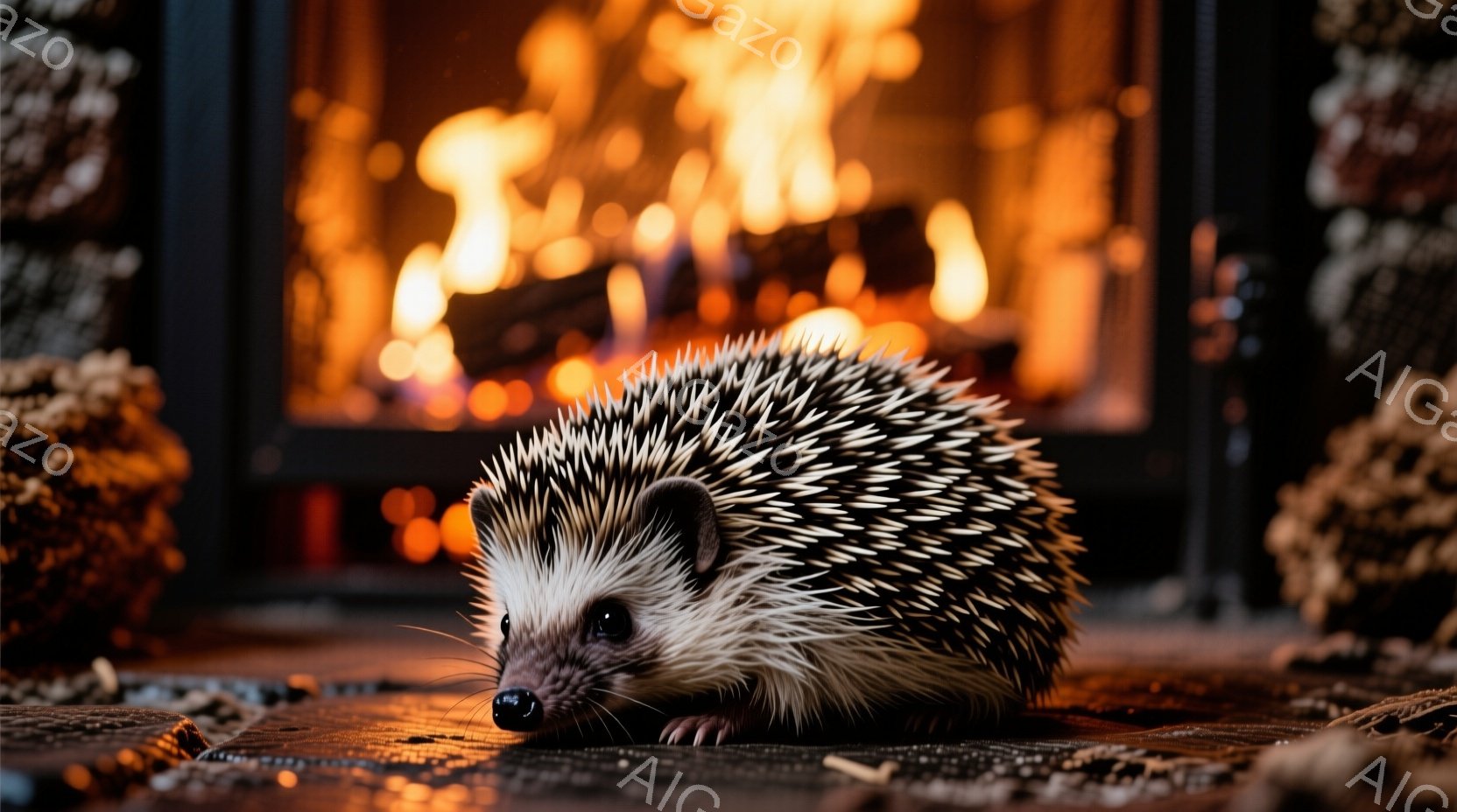 暖炉のそばにいるハリネズミが写っています。ハリネズミは地面にうずくまり、暗い目と短い鼻で前方をじっと見つめています。背景は暖炉の燃え盛る炎で、暖かく居心地の良い雰囲気が漂っています。