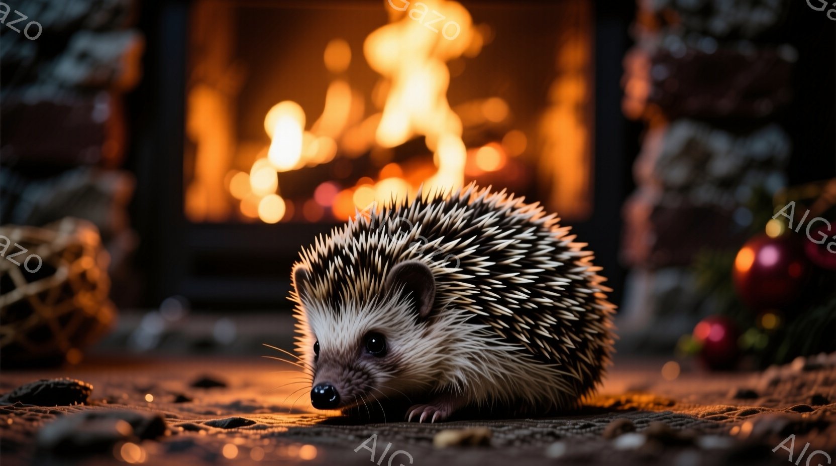 暖炉のそばにいるハリネズミが写っています。ハリネズミは地面に身を寄せ、小さく丸まった状態で、鋭い棘が特徴的です。背景にはぼやけたクリスマスツリーや装飾があり、暖炉の炎が暖かく穏やかな雰囲気を醸し出しています。