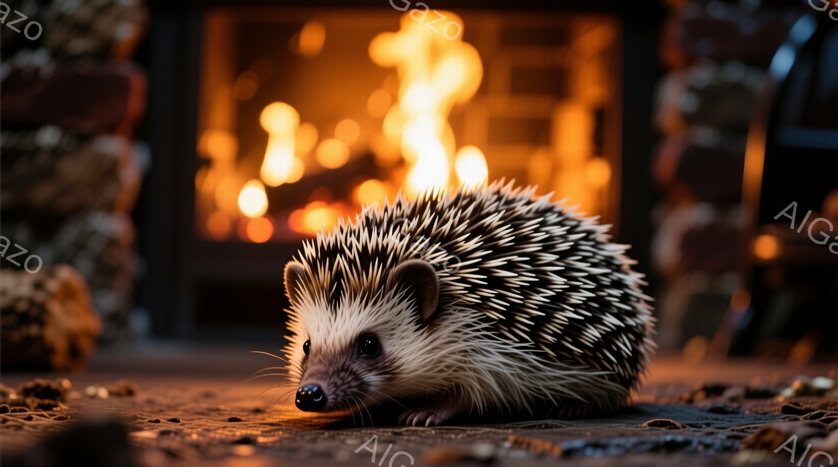 暖炉の前で丸まっているハリネズミが写っています。ハリネズミは茶色と白の毛並みで、小さな黒い鼻と、警戒しているような鋭い目を持っています。背景には、燃え盛る暖炉の炎と、ぼんやりと見えるレンガの壁があり、暖かく落ち着いた雰囲気を作り出しています。