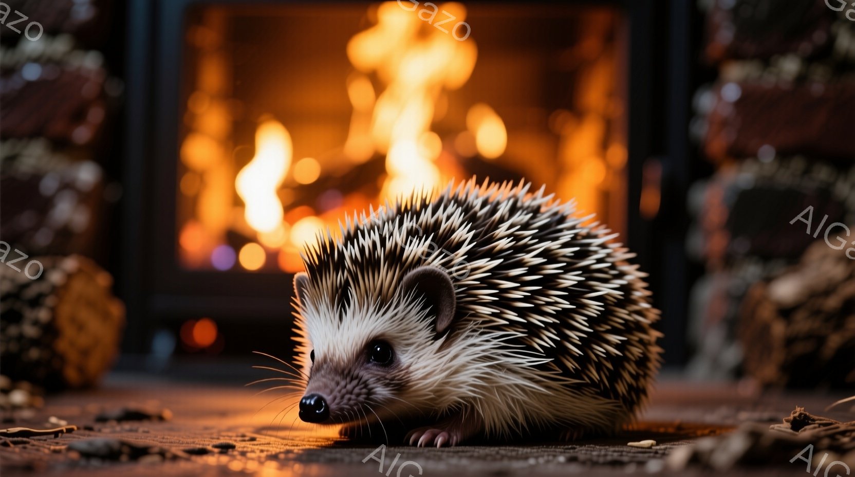 ハリネズミが粗い石の床に座っており、小さな黒い鼻と慎重な表情が特徴的です。背景には暖炉があり、オレンジと赤の炎が暖かく、心地よい雰囲気を作り出しています。全体的に、暖炉の温かさとハリネズミの可愛らしさが組み合わさり、静かで魅力的なシーンが表現されています。