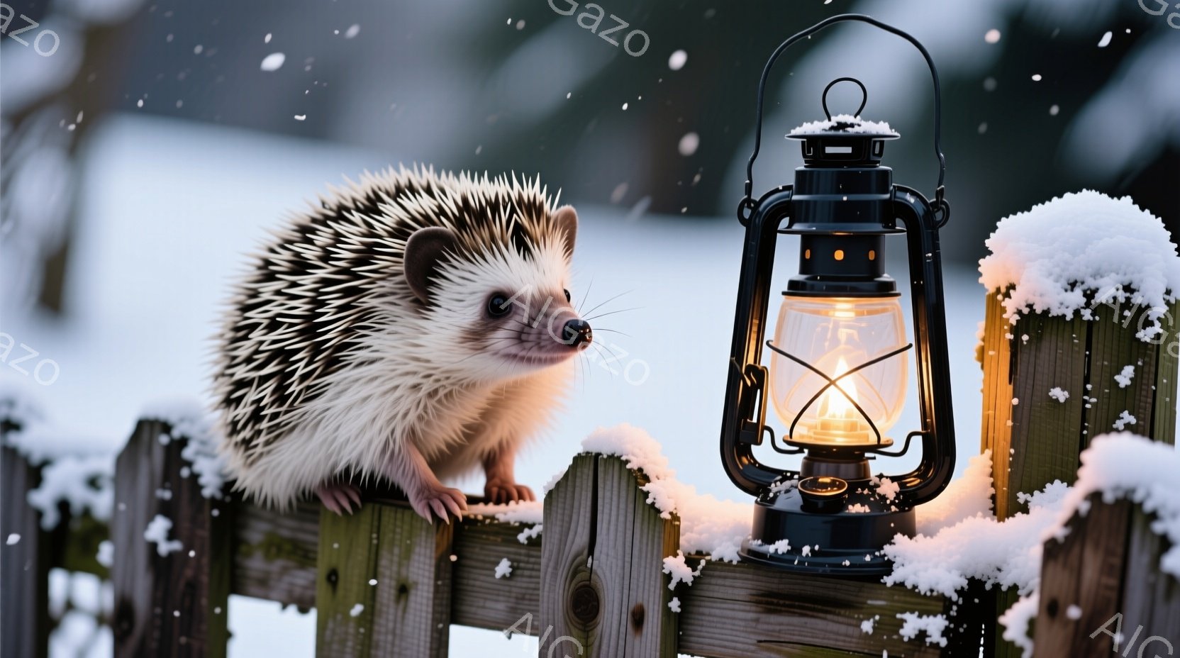 雪が降る寒い冬の日に、柵の上に可愛らしいハリネズミが立っている。その隣には、暖かく光る古いランタンが置かれ、周囲の雪景色を照らしている。ハリネズミは小さな目で何かを見つめ、少し警戒しているような表情を - AI生成フリー素材