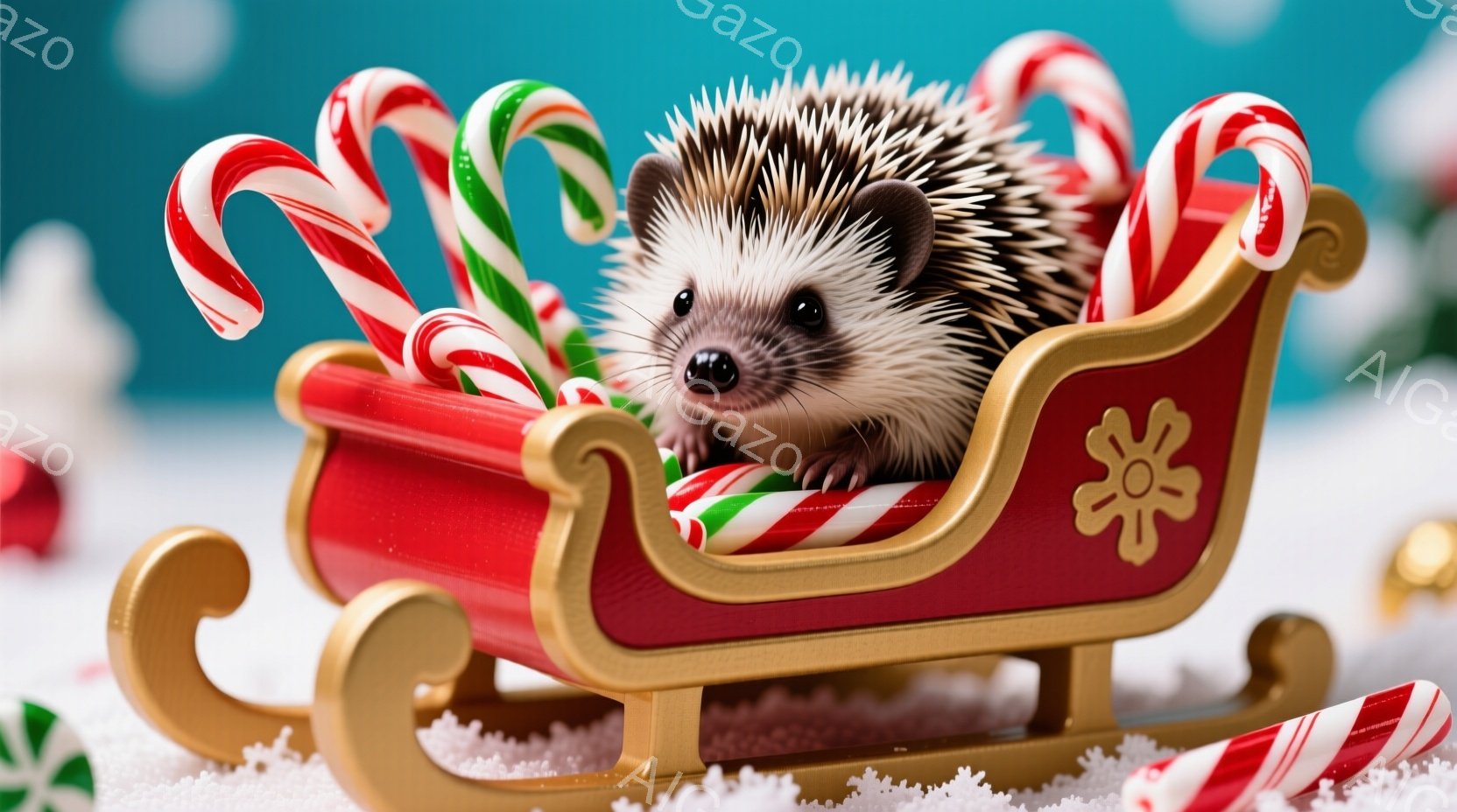 赤いそりにハリネズミが丸まって座っています。そりは金色の装飾があり、周囲にはキャンディケーンや雪が散りばめられています。背景はぼやけた緑色で、全体的に温かく、クリスマスの雰囲気を醸し出しています。 - AI生成フリー素材