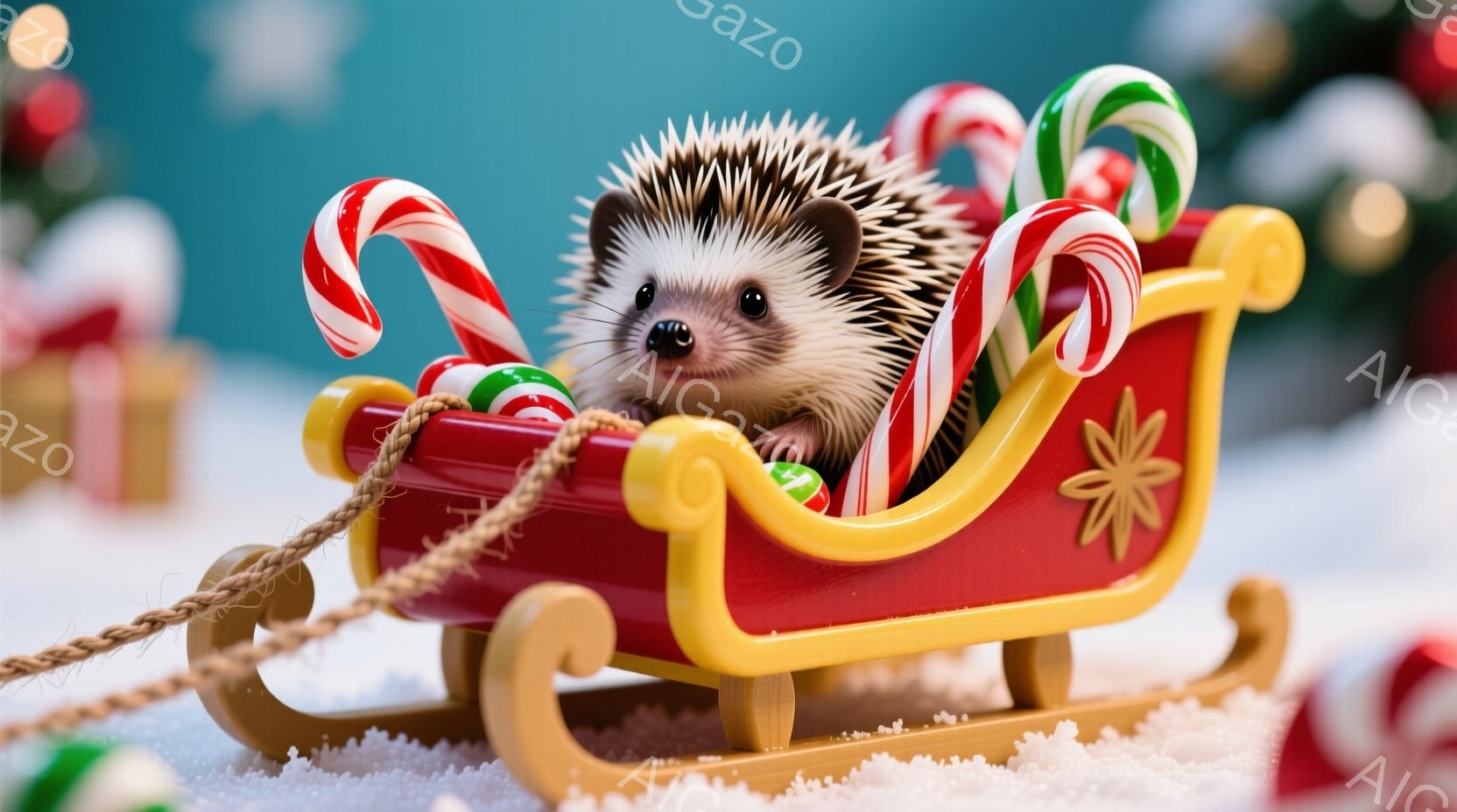 赤いそりにハリネズミが乗っています。そりはキャンディケーンとカラフルなボールで飾られており、雪の上に置かれています。背景にはぼやけたクリスマスツリーとプレゼントボックスが見え、暖かく可愛らしいクリスマ - AI生成フリー素材
