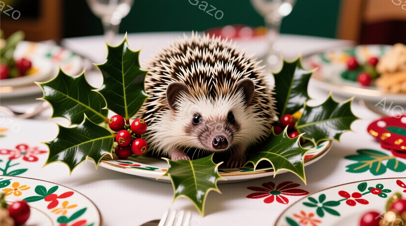 白い皿の上に、ホリホリと実をつけたヒイラギの葉を敷き、その上に小さなハリネズミがちょこんと座っています。ハリネズミは丸い体で、つぶらな瞳でカメラを見つめ、可愛らしい表情をしています。背景には白いテーブルクロスが広がり、フォークやナイフ、そして料理がぼんやりと見え、暖かく穏やかな雰囲気が漂っています。