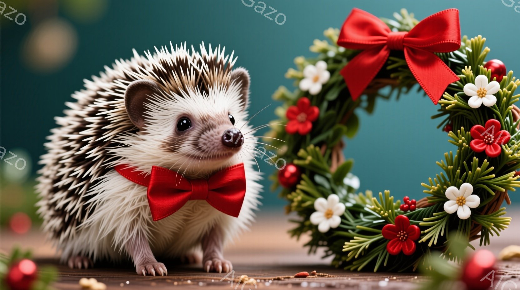 茶色のハリネズミが赤い蝶ネクタイをつけて木製のテーブルの上に立っている。その横には、赤い実と白い花で飾られた緑のリースがあり、背景はぼやけたターコイズブルー色をしている。全体的に、可愛らしく、お祝いの雰囲気が漂う写真である。