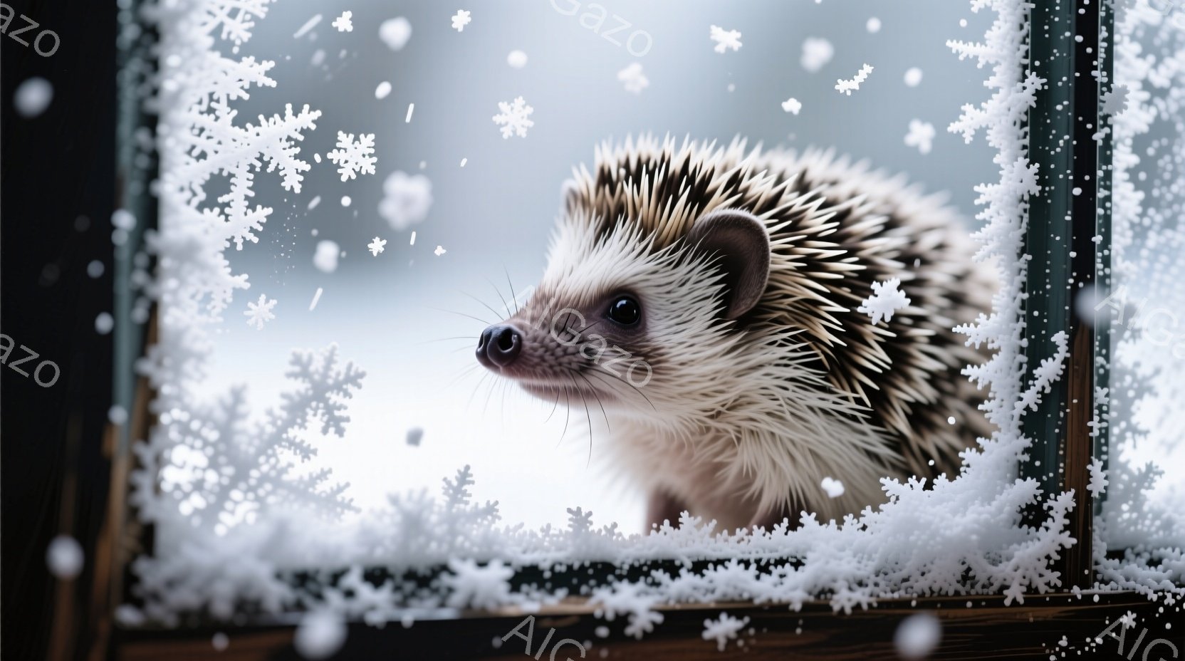 雪の結晶で覆われた窓枠に、可愛らしいハリネズミが顔を出しています。つぶらな瞳と小さな鼻が印象的で、何かをじっと見つめているような、好奇心旺盛な表情をしています。背景は白く、雪が降っていることを暗示しており、全体的に冬の暖かく穏やかな雰囲気を醸し出しています。