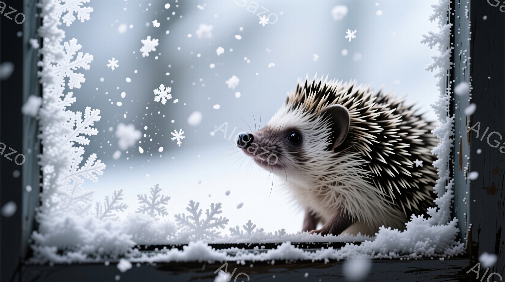 白い雪が舞う冬の窓辺に、可愛らしいハリネズミが佇んでいます。その小さな体は茶色と白の毛で覆われ、黒い鼻とつぶらな瞳が印象的です。背景は白く雪景色で、窓枠には雪が積もり、静かで穏やかな冬の雰囲気を醸し出 - AI生成フリー素材