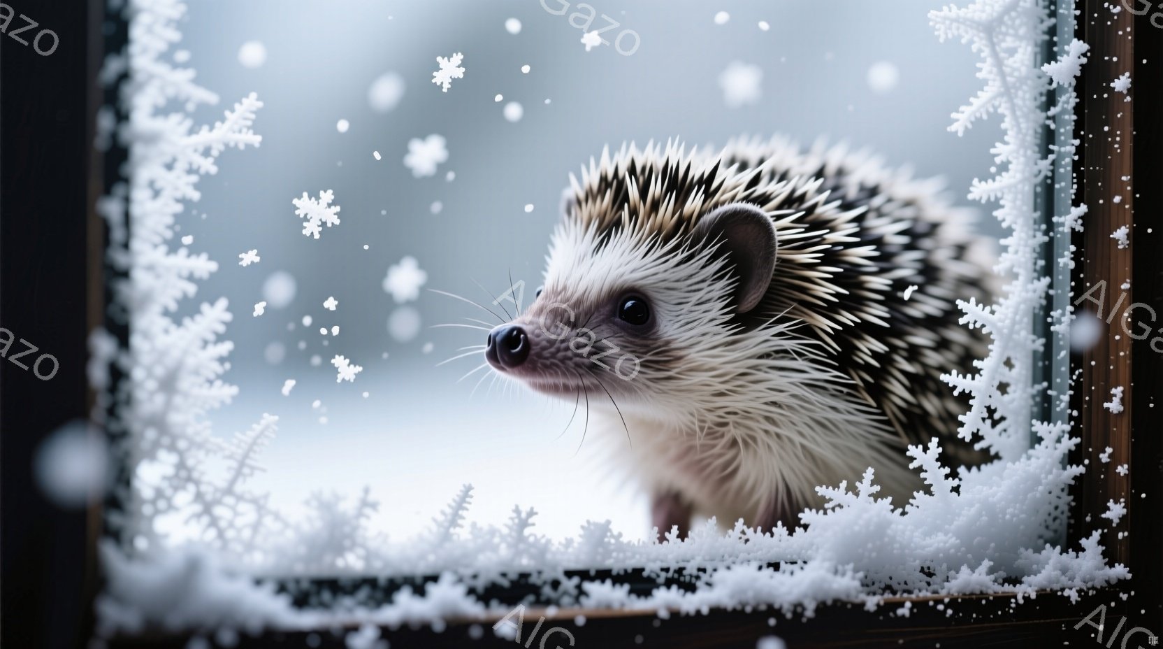 雪の結晶で覆われた窓枠に、可愛らしいハリネズミがちょこんと座っています。鼻先がわずかに覗き、好奇心と少しの不安が入り混じった表情をしています。背景は雪景色で、全体的に静かで幻想的な冬の雰囲気が漂っています。