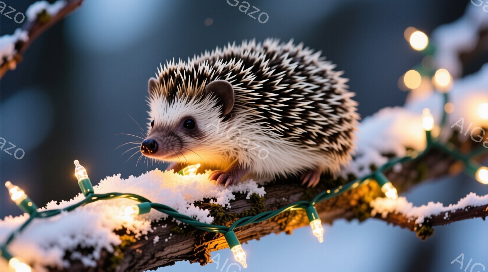 白い雪とクリスマスの電飾が絡みついた木の枝に、小さなハリネズミがちょこんと座っています。つぶらな瞳と小さな鼻が可愛らしく、冬の寒さの中でも温かそうな雰囲気を醸し出しています。背景は暗く、電飾の温かい光 - AI生成フリー素材