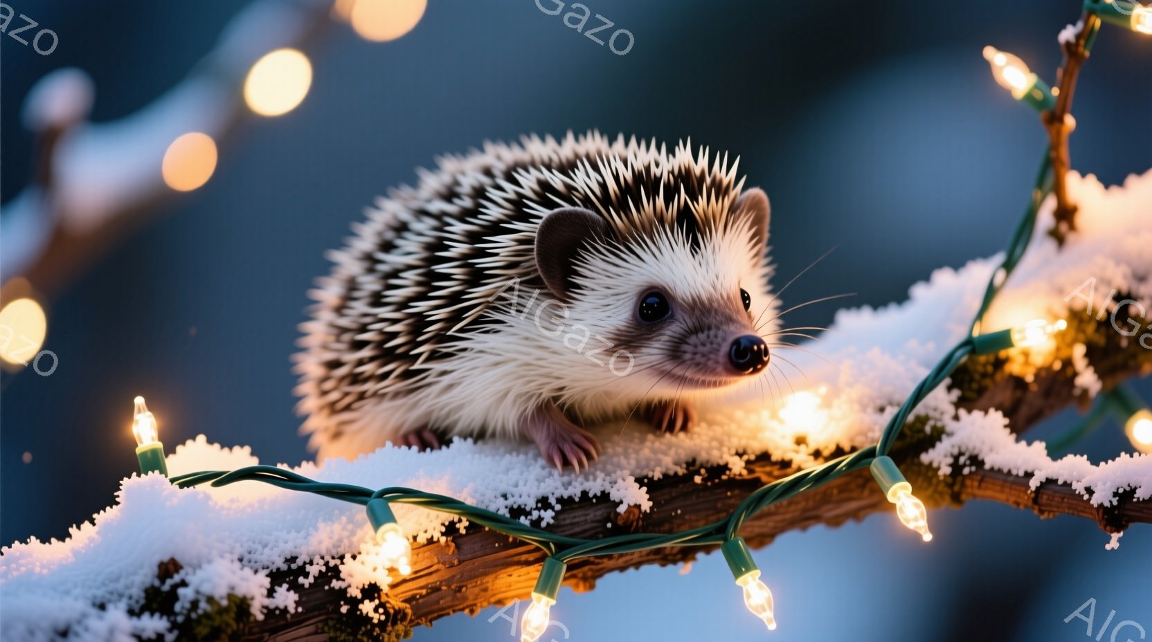 雪に覆われた枝に、可愛らしいハリネズミがちょこんと座っています。周囲にはクリスマスのイルミネーションが飾られ、暖かく幻想的な雰囲気を醸し出しています。ハリネズミは小さな黒い鼻とつぶらな瞳で、まるで冬の - AI生成フリー素材