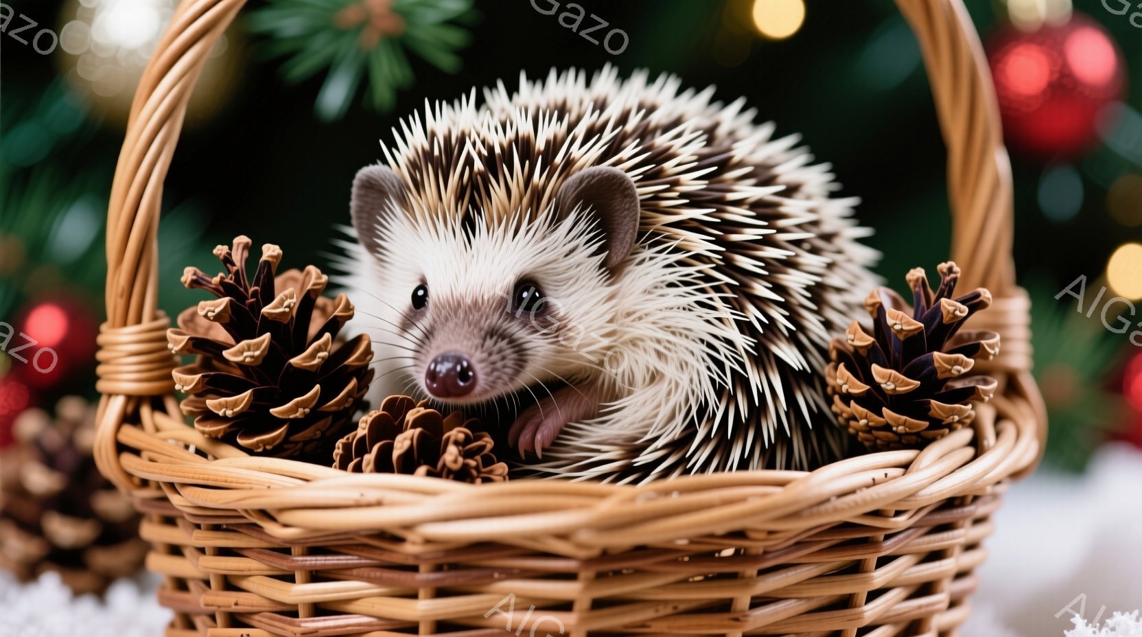 籠の中に可愛らしいハリネズミが丸まって眠っている様子が描かれています。周りには松ぼっくりが置かれ、背景にはぼやけたクリスマスツリーの飾りと雪が確認できます。温かみのある茶色の籠とハリネズミの愛らしい表 - AI生成フリー素材