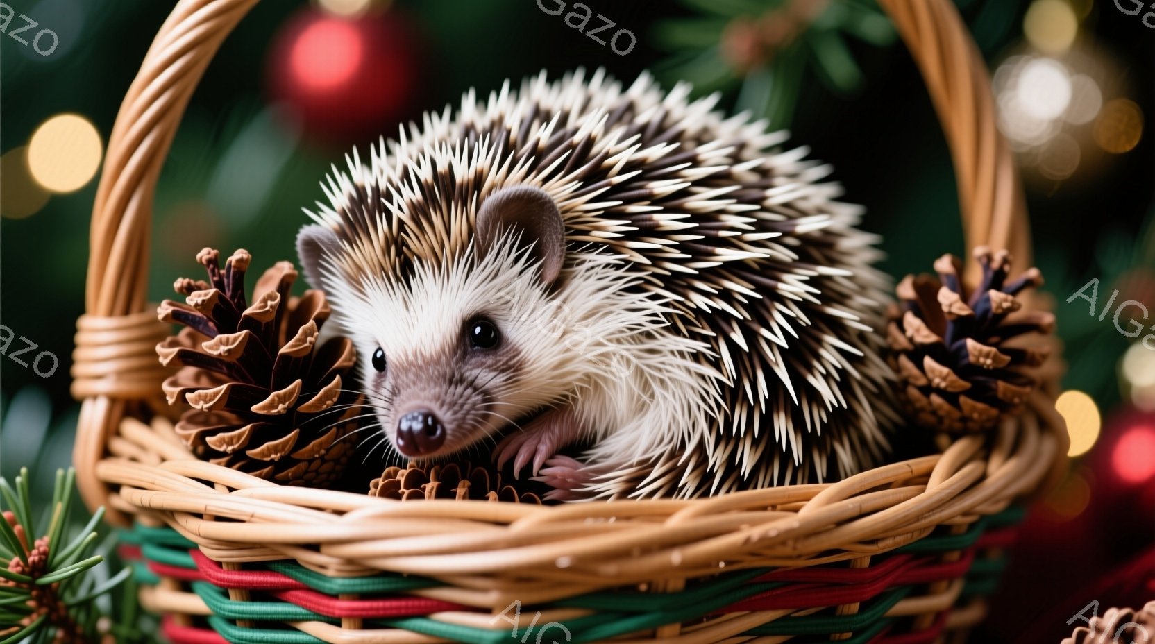 籠の中に可愛らしいハリネズミが丸まって眠っている様子が写っています。背景にはぼやけたクリスマスツリーの飾りが見え、暖かくお祝いムードを醸し出しています。ハリネズミのトゲは細かく、その愛らしい表情は見る人を魅了します。