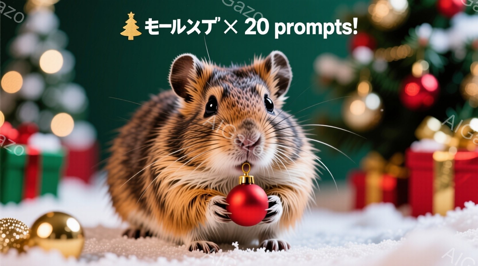 小さなハムスターが真っ白な雪の上に座り、赤いクリスマスオーナメントを両手で抱えています。背景には緑色のプレゼントボックスとぼやけたクリスマスツリーの光が見え、冬の暖かい雰囲気を醸し出しています。ハムス - AI生成フリー素材