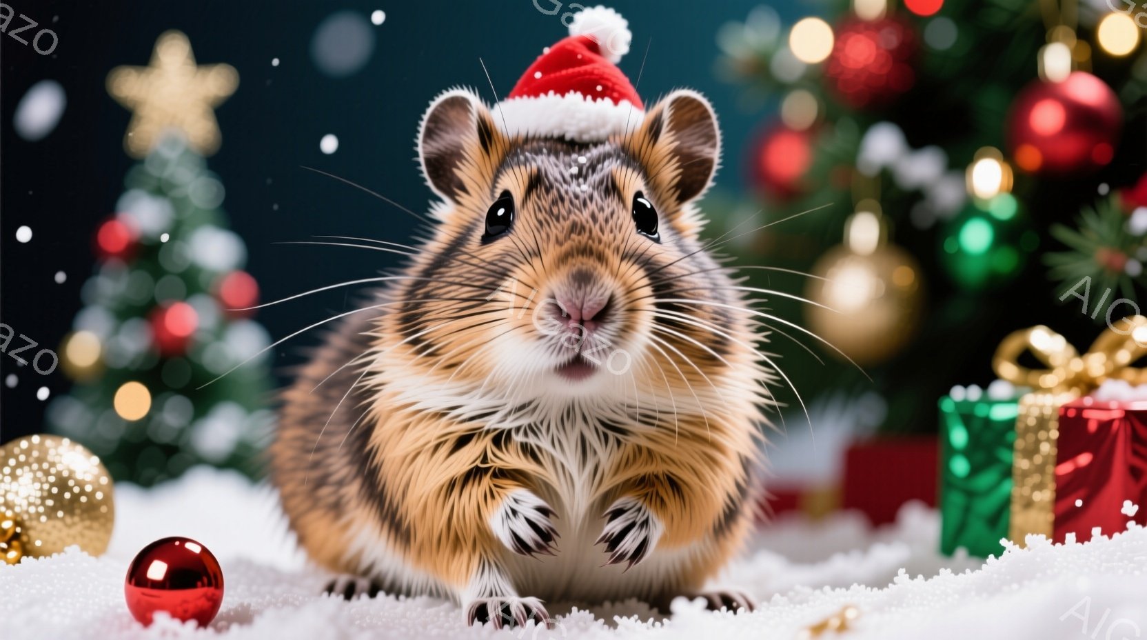 ハムスターが頭に赤いサンタ帽をかぶり、雪の上に座っています。つぶらな瞳でカメラを見つめており、愛らしい表情をしています。背景には、緑色のクリスマスツリー、金色のオーナメント、緑色のギフトボックスが散りばめられ、雪が舞う冬の温かい雰囲気が漂っています。