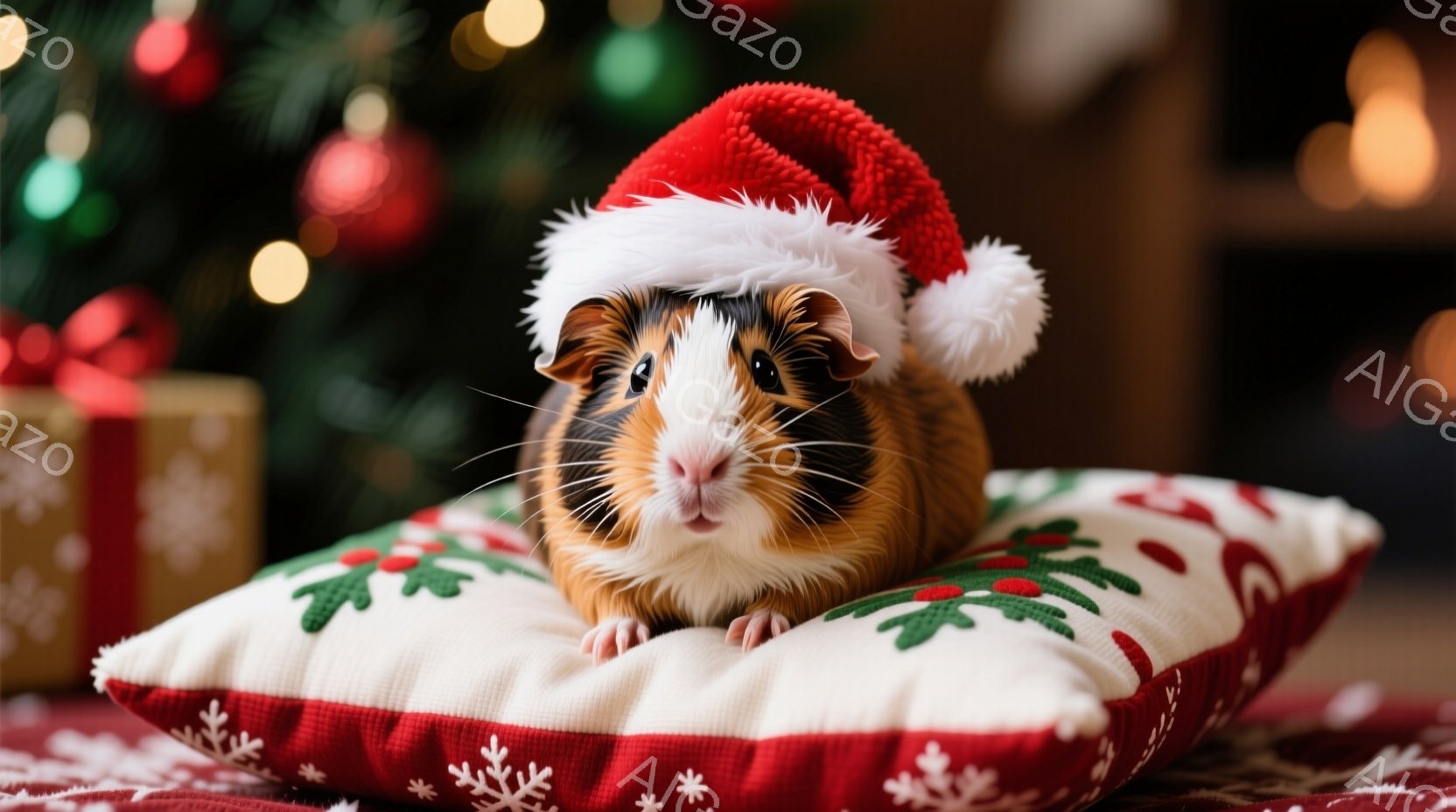 白と茶色の毛並みを持つモルモットが、クリスマス柄のクッションの上に座っており、頭にはサンタの帽子をかぶっています。モルモットは正面を見ており、丸い目で可愛らしい表情をしています。背景にはぼやけたクリスマスツリーとプレゼントが見え、暖かくお祝いムードが漂っています。