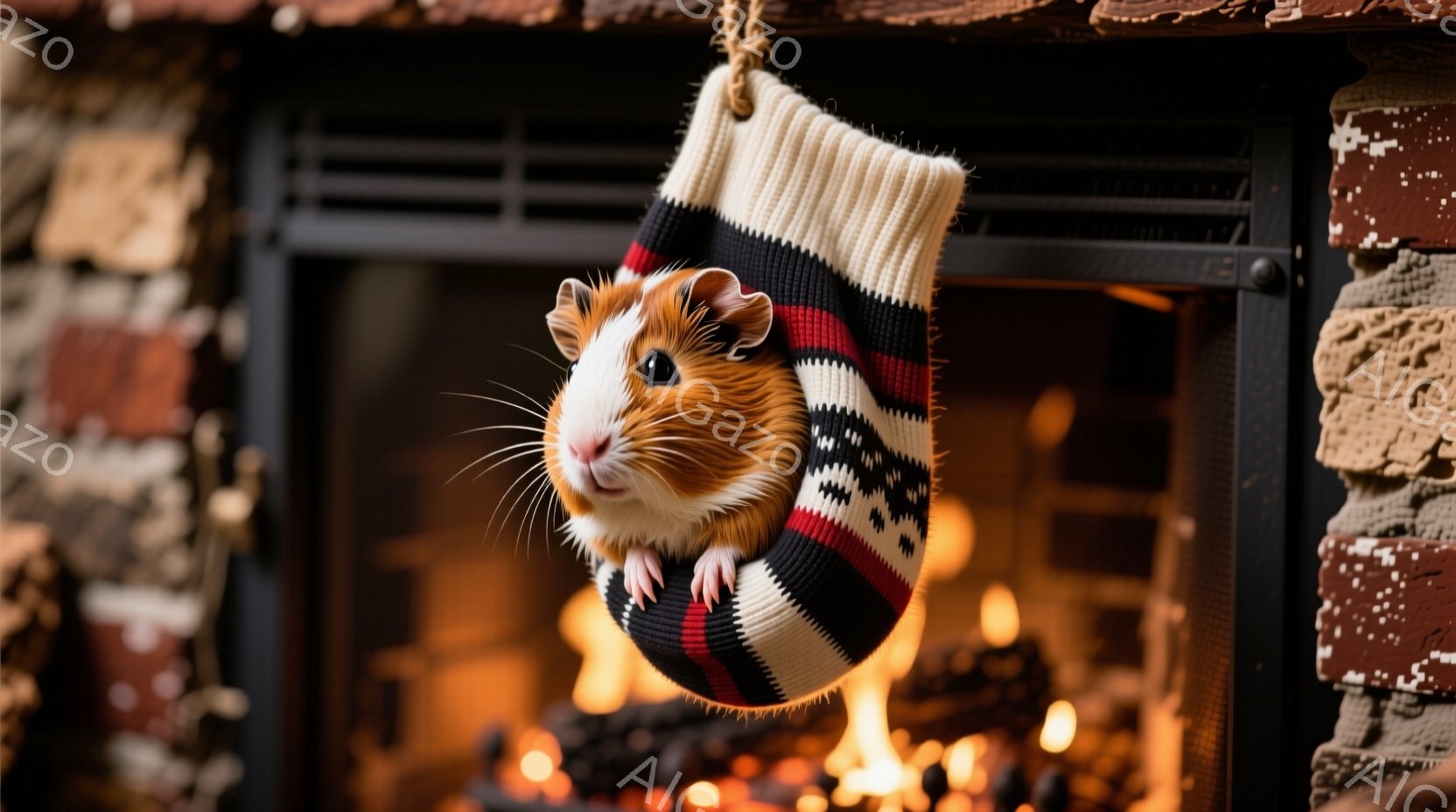 ハムスターが編み物の靴下の中に可愛らしく収まっており、小さな前足で靴下の縁をつかんでいます。背景には暖炉のレンガと燃え盛る炎があり、温かく居心地の良い雰囲気を作り出しています。ハムスターの表情は好奇心旺盛で、まるで何か面白いものを発見したかのようです。