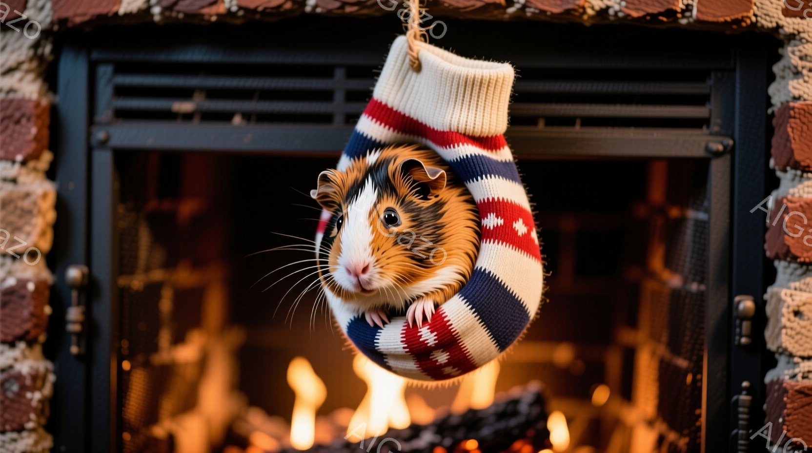 毛むくじゃらのモルモットが、赤、白、青の縞模様が入ったニットの靴下の中にすっぽりと入っています。その表情は少し緊張しているようで、まるで何かを隠しているかのようです。背景には暖炉があり、燃え盛る炎とレンガの壁が、温かく居心地の良い雰囲気を醸し出しています。