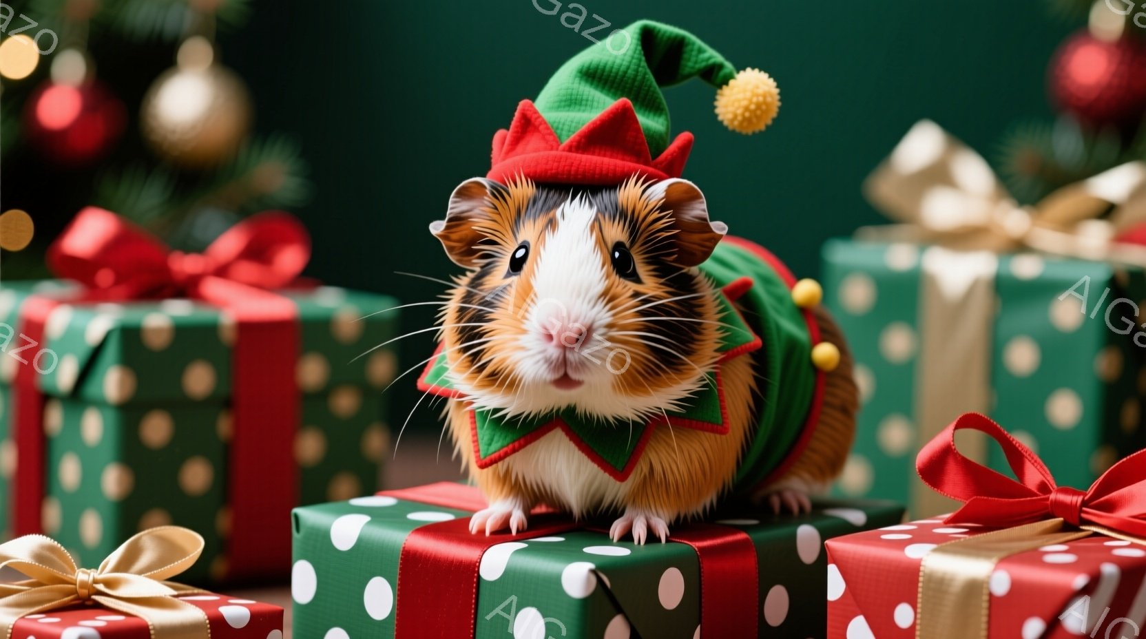 白茶色のモルモットがクリスマスエルフの衣装を着て、プレゼントの箱の上に立っています。エルフの帽子は赤と緑で、首には赤いリボンが付いています。背景には緑色のドット柄のプレゼントの箱が積み重なり、クリスマ - AI生成フリー素材