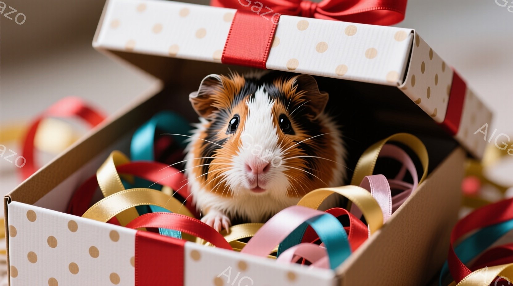 小さなハムスターが、水玉模様のラッピングペーパーで包まれたギフトボックスの中に座っています。ハムスターは白い毛並みに茶色と黒の斑点があり、好奇心旺盛な表情でカメラを見つめています。ボックスの中には、ピンク、青、金色のリボンが散りばめられており、お祝いムードを醸し出しています。
