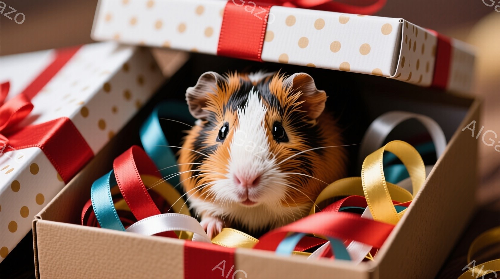 白い雪の上に、茶色と白の毛並みを持つモルモットが座っています。周囲には数本の点灯したキャンドルがあり、窓の外は雪景色で、幻想的な雰囲気を醸し出しています。モルモットは正面を見つめ、穏やかな表情を浮かべ - AI生成フリー素材