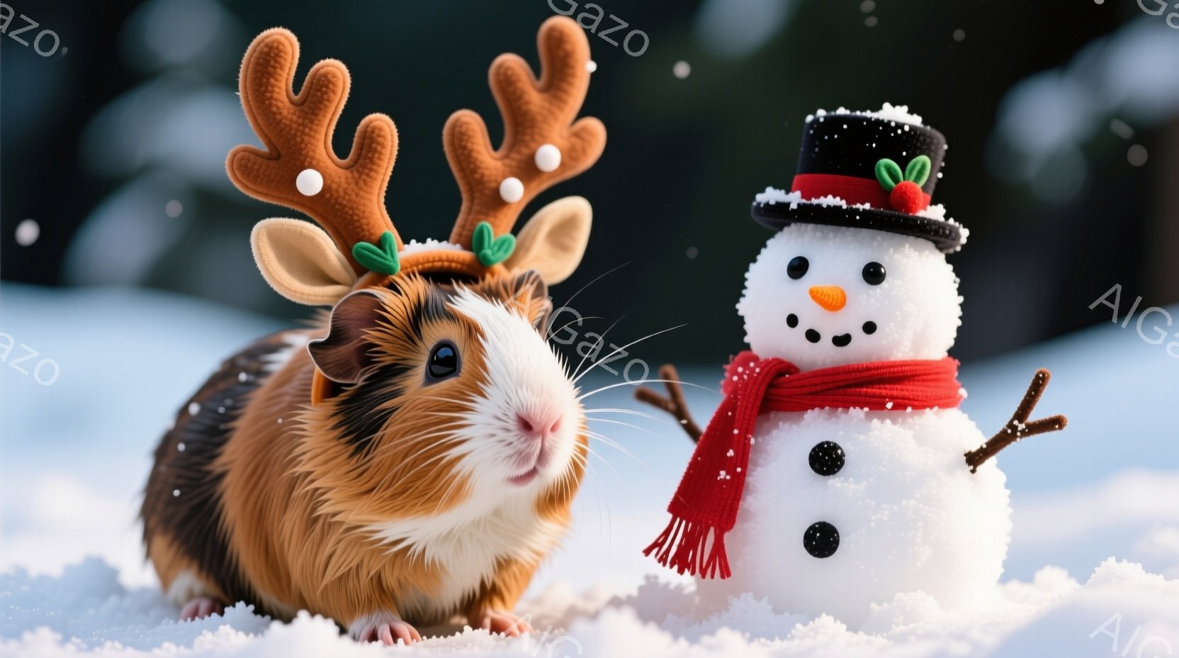 茶色と白の毛並みを持つモルモットが、まるでトゲのように見える銀色の細長い金属片に囲まれています。モルモットは前足をそろえて座り、少し不安げな表情で正面を見ています。背景には木の幹と落ち葉が見え、自然の中で撮影された暖かい雰囲気の写真です。