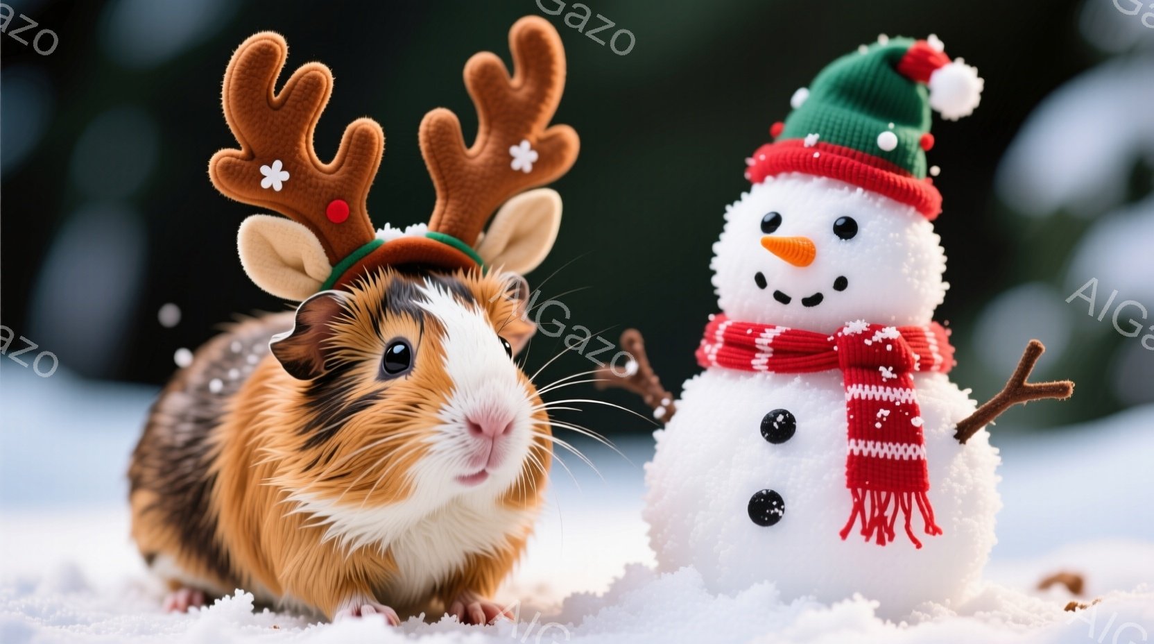 白い雪の上に、クリスマスらしい飾りをつけたモルモットと雪だるumaが並んでいます。モルモットはトナカイの角のヘッドバンドをつけており、雪だるumaは赤いマフラーと帽子をかぶっています。背景はぼやけた緑 - AI生成フリー素材