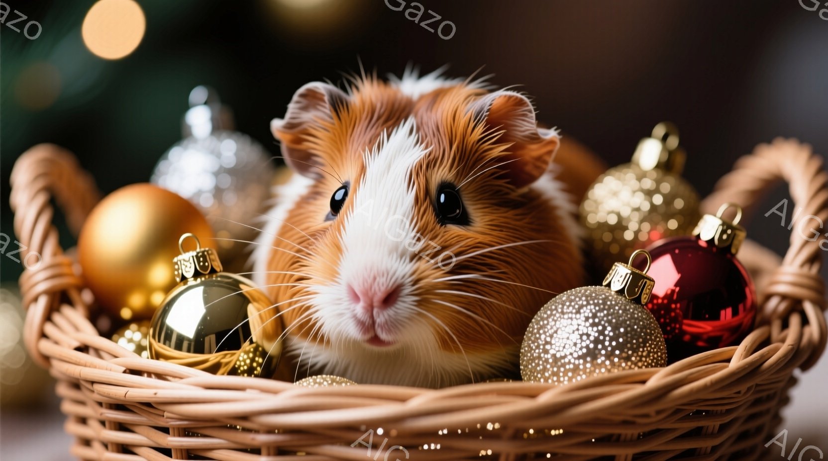 茶色と白の毛並みを持つモルモットが、カラフルなラグの上に座っています。背景には暖炉があり、炎が灯って温かい雰囲気を作り出しています。木製の床と白い暖炉の装飾が、室内全体の暖かさを強調しています。 - AI生成フリー素材