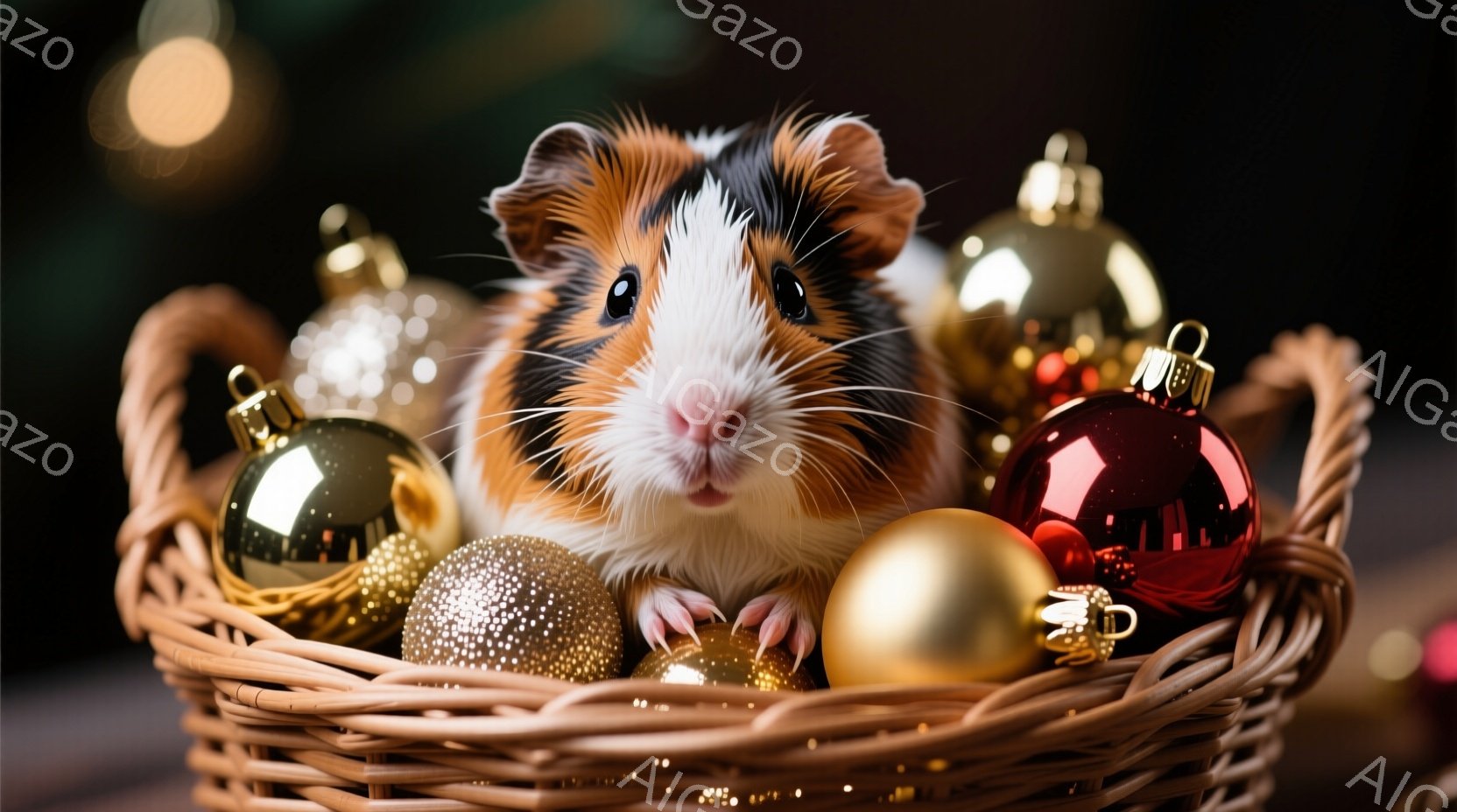 茶色と白の毛並みを持つモルモットが、カラフルな敷物の上に座っています。モルモットは少し顔を上げ、穏やかな表情でこちらを見ています。背景には暖炉があり、温かく心地よい雰囲気を醸し出しています。 - AI生成フリー素材