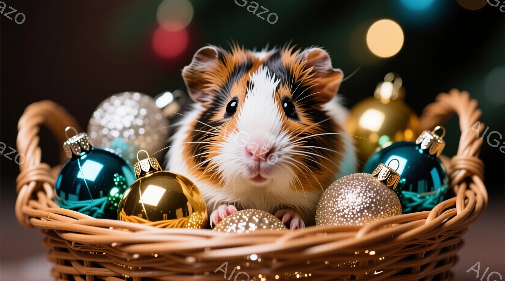 ハムスターが、クリスマスオーナメントでいっぱいのバスケットの中に座っています。そのハムスターは白、茶色、黒の毛並みで、丸い目にピンクの鼻が可愛らしい表情をしています。背景にはぼやけた光があり、クリスマスの温かく、お祝いの雰囲気を醸し出しています。