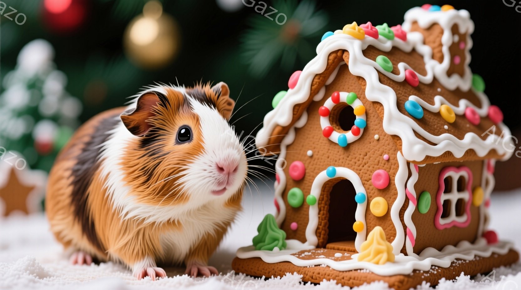 茶色と白の毛並みを持つモルモットが、クリスマスらしいジンジャーブレッドハウスの隣に座っています。モルモットは正面を見ており、つぶらな瞳が可愛らしいです。背景には緑のクリスマスツリーと白い雪が敷かれた床があり、温かく、お祝いムードに満ちた雰囲気です。