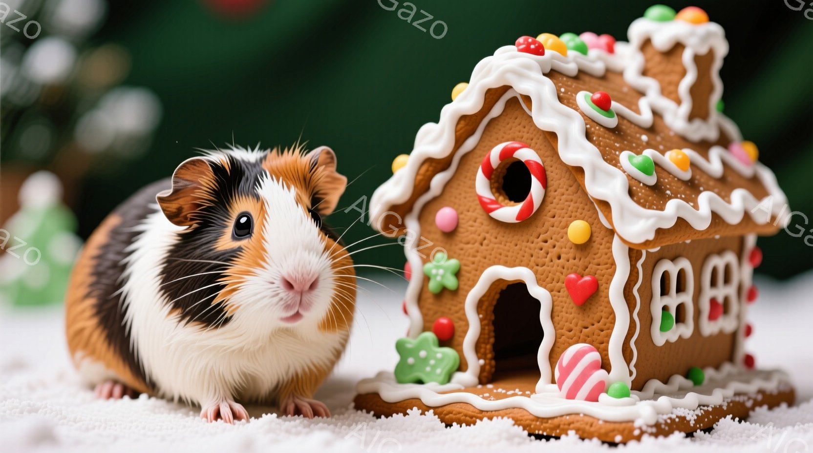 ハムスターがジンジャーブレッドハウスの前に立っています。ハムスターは白、茶色、黒の毛並みで、丸い体と小さな鼻を持っています。背景には雪景色とぼやけた緑色のものが写っており、お祭りや冬の暖かさを感じさせる雰囲気です。