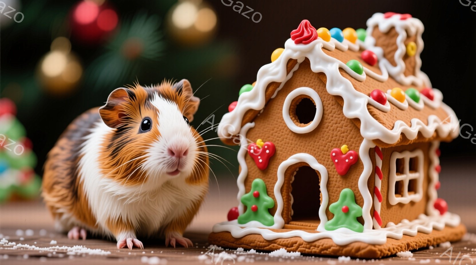 茶色と白の毛並みを持つモルモットが、クリスマスらしいジンジャーブレッドハウスの横に立っています。モルモットは前足を伸ばし、好奇心旺盛な表情でジンジャーブレッドハウスを見つめています。背景にはぼやけたクリスマスツリーの飾りが見え、木製のテーブルの上に白い粉のようなものが散らばっており、冬の暖かくお祝いムードを醸し出しています。
