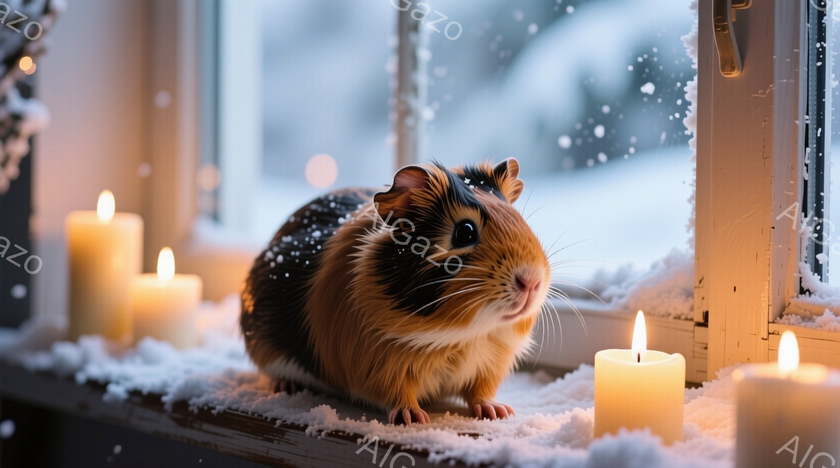 窓辺にモルモットが座っており、周囲には雪が積もっている。暖かく光るキャンドルが数本、モルモットの周りを照らし、冬の静かで穏やかな雰囲気を醸し出している。モルモットは少し緊張した表情で、カメラの方を見て - AI生成フリー素材