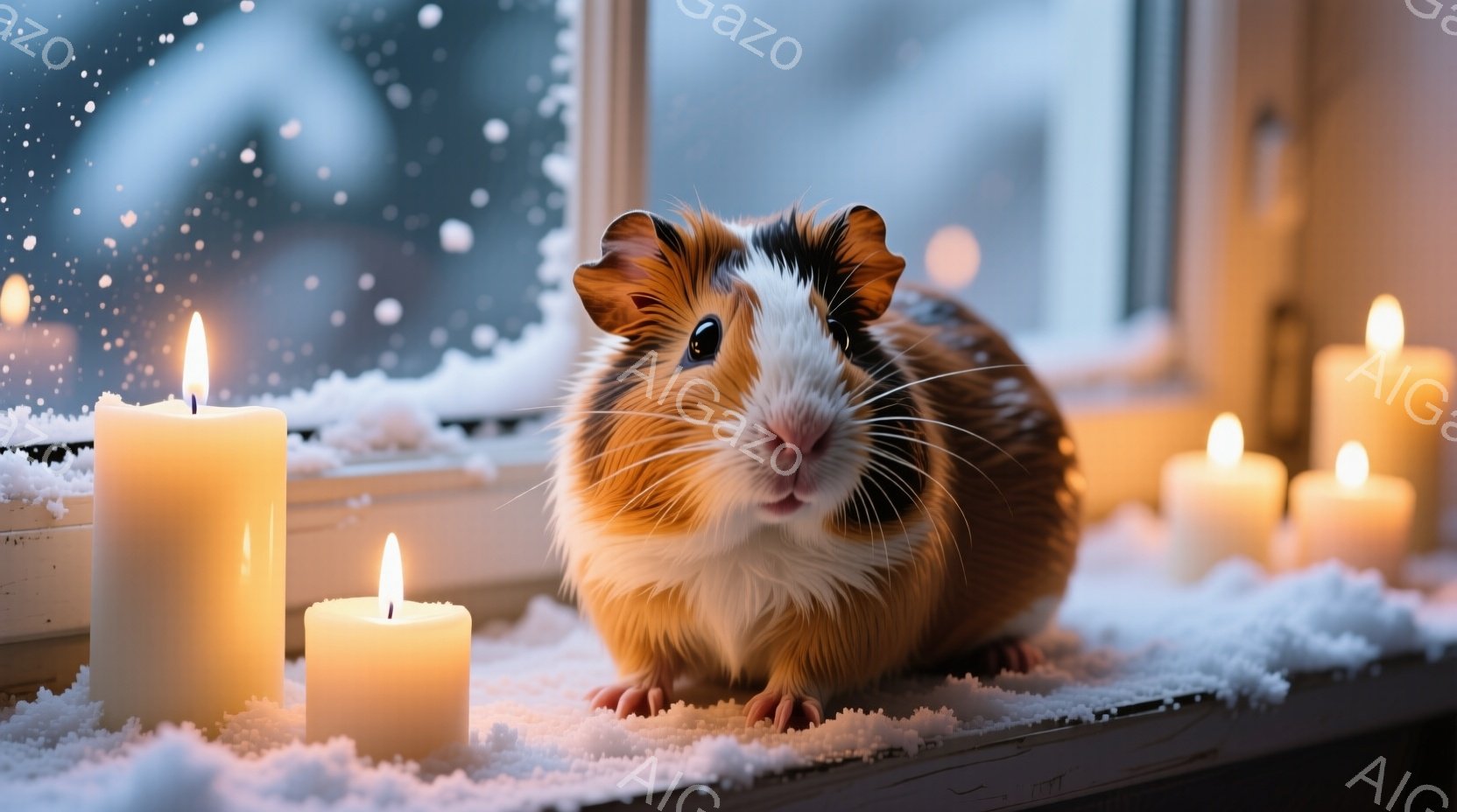 ハムスターがクリスマスのクッキーのプレートの前に座っています。毛並みは白と茶色のまだら模様で、非常に可愛らしい表情をしています。背景には、ぼやけたクリスマスツリーと装飾が施された食卓があり、全体的に温かく、お祝いの雰囲気です。