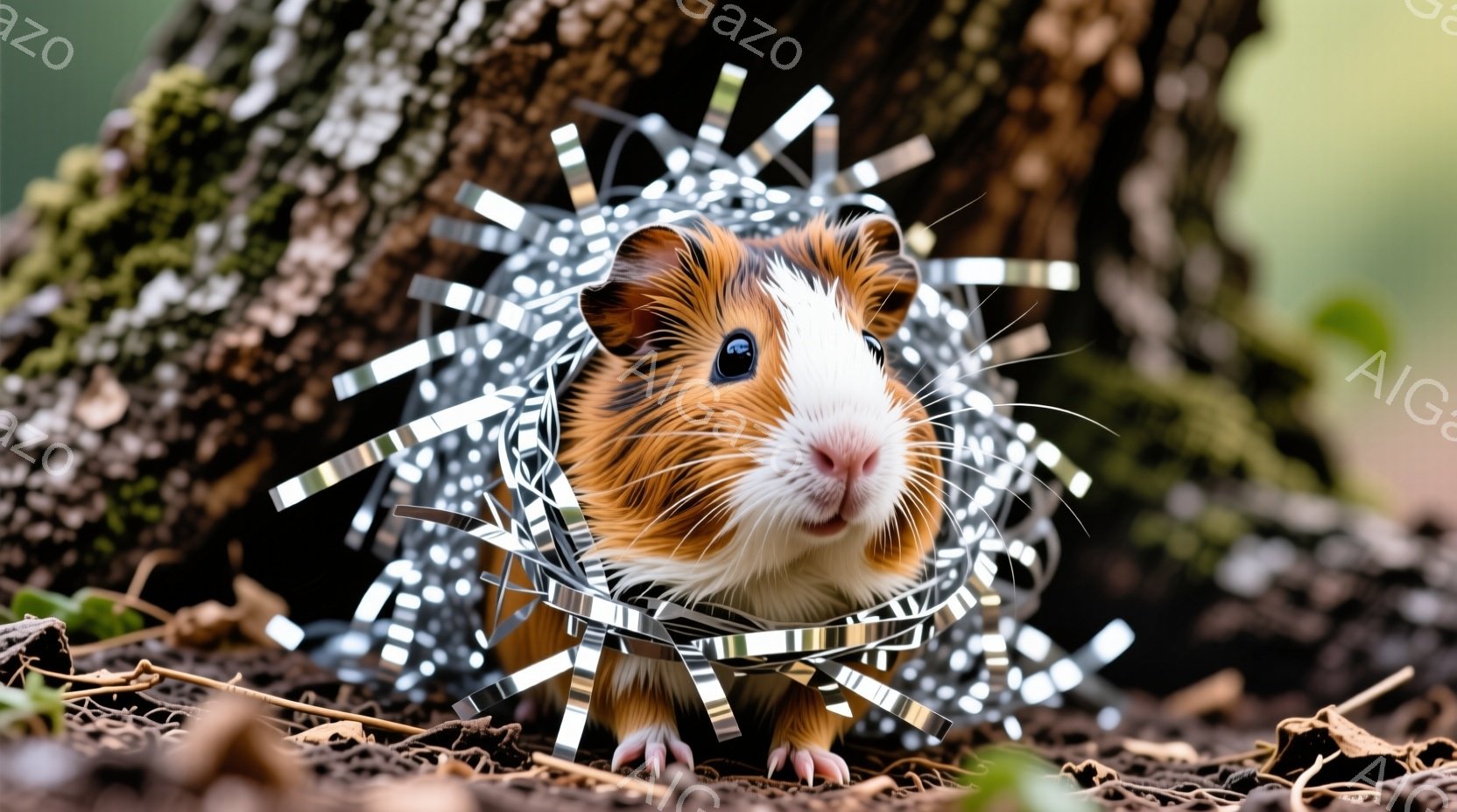 茶色と白の毛並みを持つモルモットが、光沢のある金属片のようなもので覆われています。モルモットは前足を揃えて座り、少し驚いたような表情で正面を見つめています。背景には木の幹が見え、土や落ち葉が広がる自然の中にいる様子が伺えます。