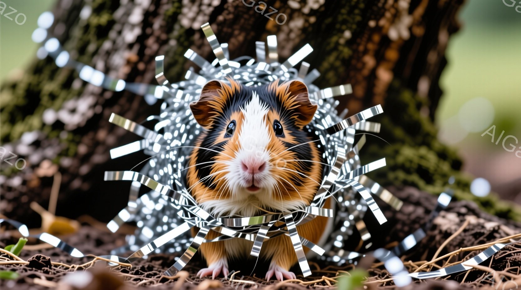 茶色と白の毛並みを持つモルモットが、銀色のリボン状の装飾品に囲まれて立っています。モルモットは正面を見据え、小さな鼻と丸い目が可愛らしい表情をしています。背景は土と枯れ葉で覆われた地面で、ぼやけた木の幹が見え、自然の中で撮影された写真であることがわかります。