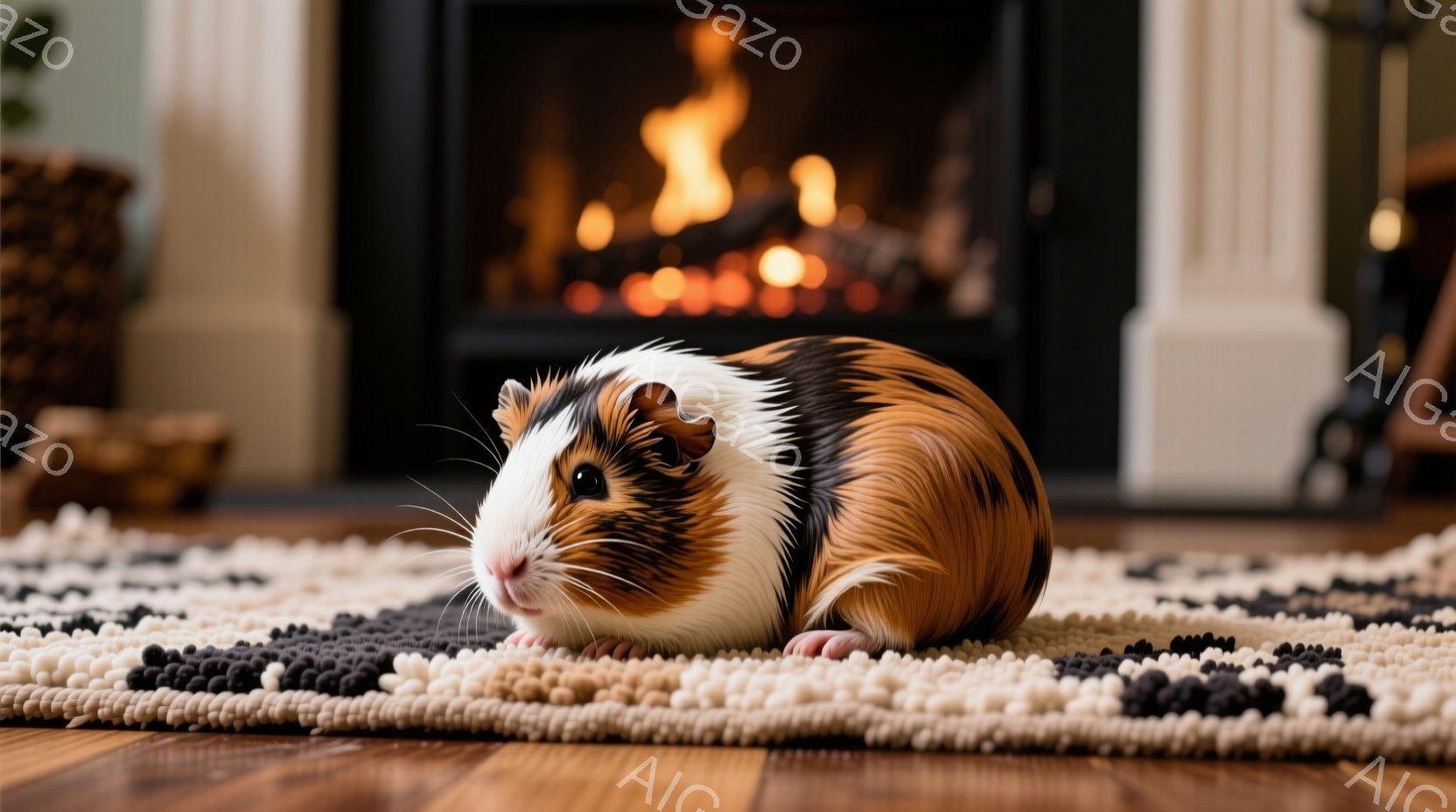 茶色と白の模様をしたモルモットが、黒と白の敷物の上に座ってこちらを見ています。背景には暖炉があり、炎が燃え盛っているのが見えます。全体的に暖かく、家庭的な雰囲気で、モルモットがリラックスした様子が伝わってきます。