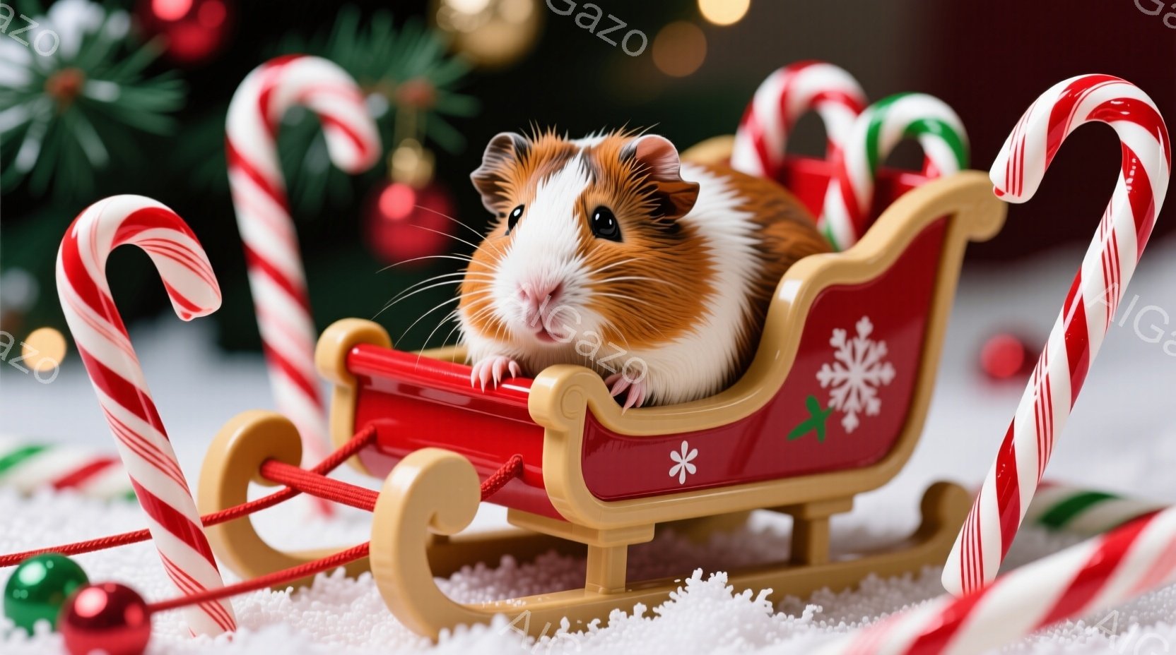赤と金色の小さなそりに、茶色と白の毛並みを持つハムスターが座っています。ハムスターは前を見据え、少し緊張した表情をしています。背景には赤と白のキャンディケーンや、ぼやけた緑色のクリスマスツリーの枝が見 - AI生成フリー素材