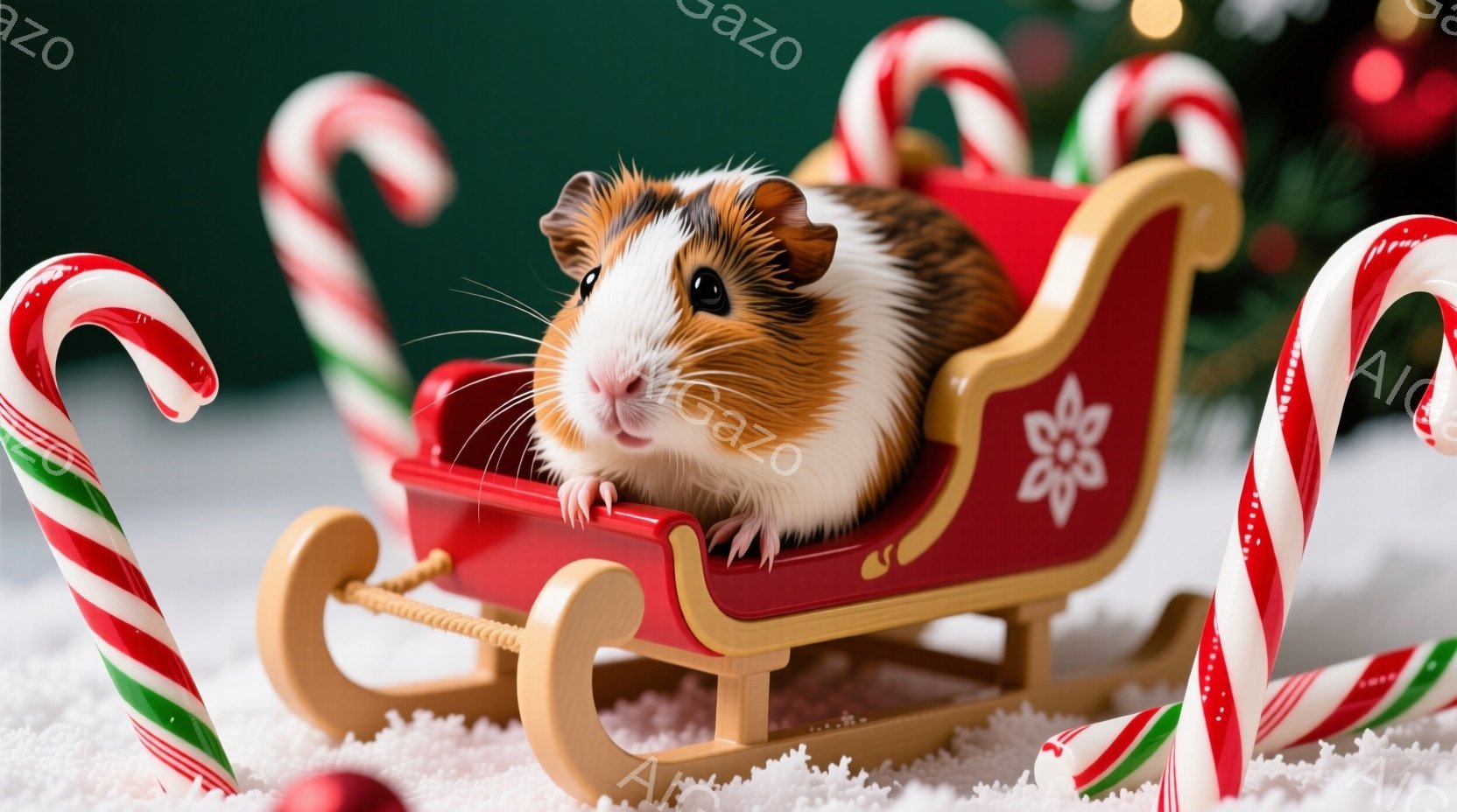 赤いそりに白い毛並みのモルモットが座っており、前足でそりの縁につかまっています。背景には、キャンディケーンと白い雪が散りばめられており、クリスマスツリーの緑がわずかに見えます。全体的に、暖かく、お祝い - AI生成フリー素材