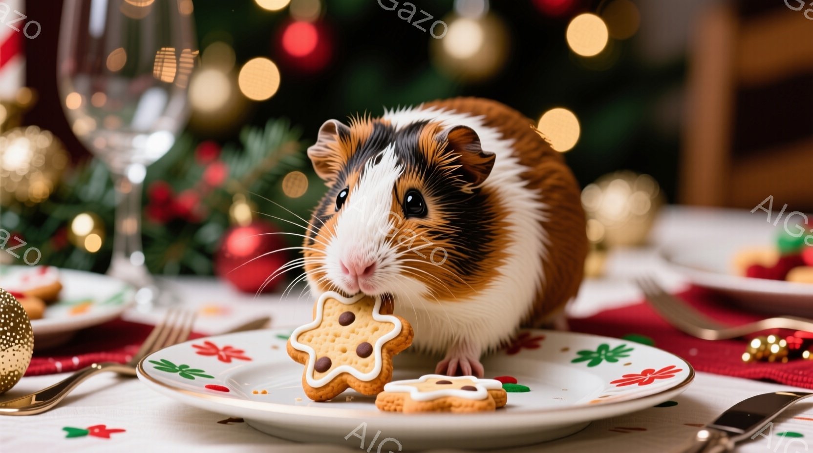 白と茶色の毛並みを持つモルモットが、クリスマスらしいテーブルの上に置かれたクッキーを美味しそうに食べている。テーブルは赤いテーブルクロスが敷かれ、背景にはぼやけたクリスマスツリーの光が輝いている。暖かく、お祝いの雰囲気が漂う、可愛らしい光景だ。