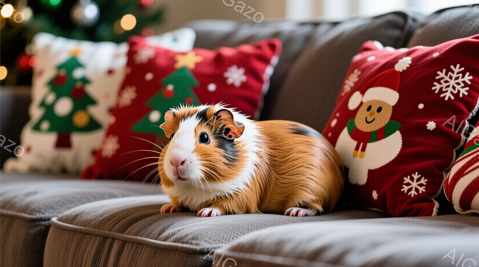 ソファに座っている可愛らしいモルモットが写っています。茶色と白の毛並みが特徴で、大きな黒い瞳が印象的です。背景にはクリスマスの柄のクッションが並び、温かく楽しい雰囲気を醸し出しています。 - AI生成フリー素材