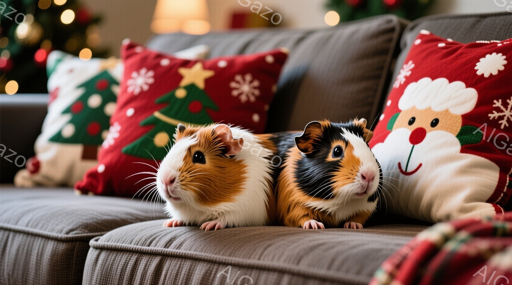 ソファに2匹のモルモットが並んで座っており、片方は白と茶色の毛並みで、もう片方は白、茶色、黒の毛並みです。両方とも前足を伸ばし、少し顔を上げてカメラを見ており、穏やかで可愛らしい表情をしています。背景にはクリスマス柄のクッションと、ぼやけたクリスマスツリーが見え、暖かくお祝いムードに包まれた室内の一場面です。