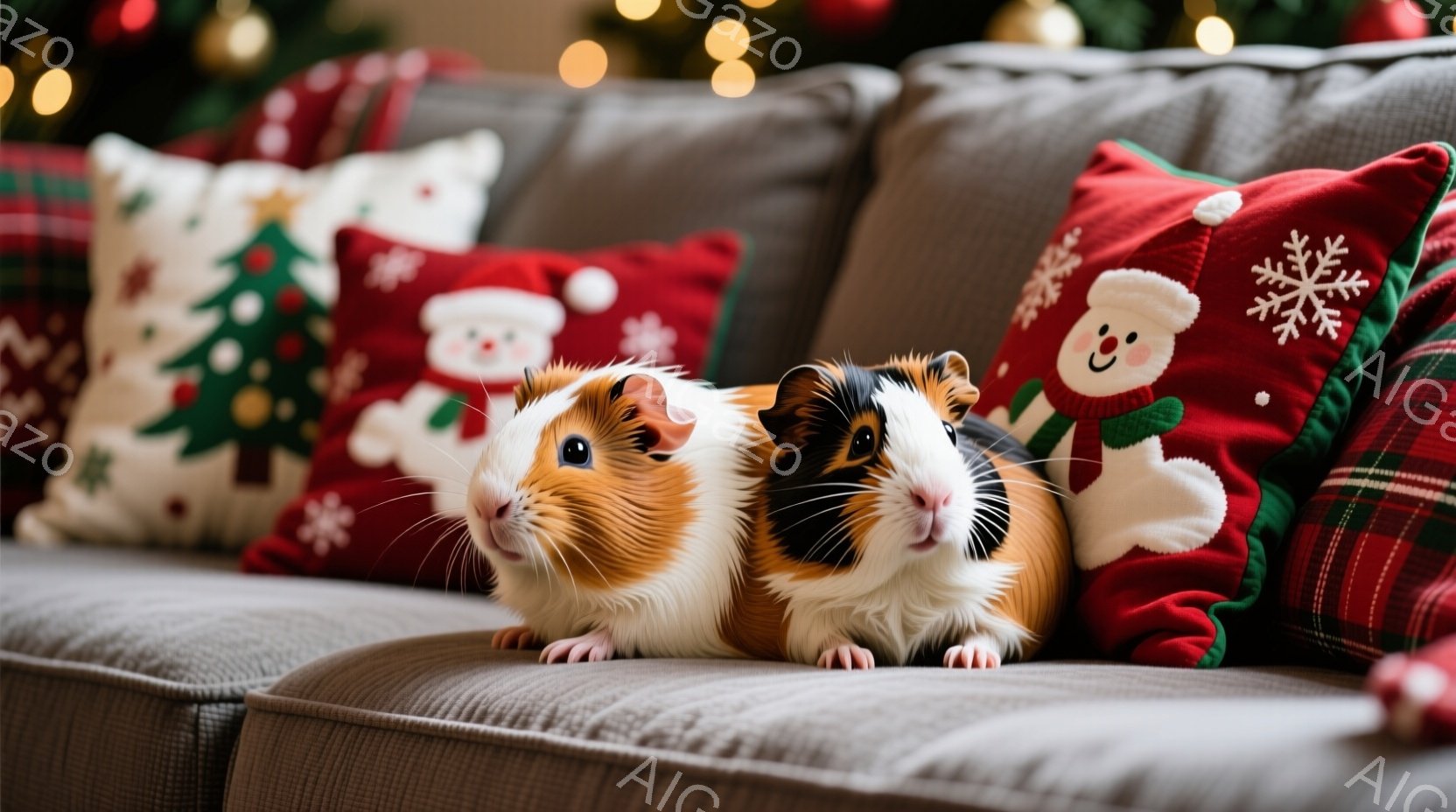 明るい緑、赤、金色のリボンで飾られたギフトボックスの上に、かわいらしい毛並みのモルモットが座っています。モルモットは前足を伸ばし、好奇心旺盛な表情でカメラの方を見ています。背景にはぼやけたクリスマスツ - AI生成フリー素材