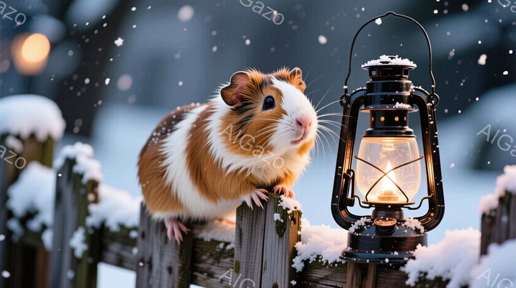 雪が舞う冬の風景の中に、可愛らしいモルモットが木の柵にちょこんと座っています。モルモットは白と茶色の毛並みで、好奇心いっぱいの表情で正面を見ています。背景には点灯したランタンがあり、幻想的な雰囲気を醸 - AI生成フリー素材