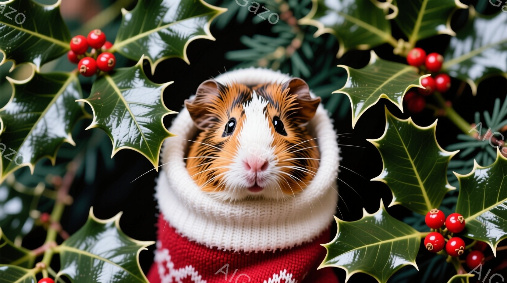 茶色と白の毛並みを持つモルモットが、赤いセーターと白い襟巻きを着て、正面を見つめている。背景には、赤い実の付いた緑の葉が密集しており、冬のホリデーシーズンを連想させる暖かく可愛らしい雰囲気を作り出している。モルモットは少し緊張した表情で、小さく可愛らしい姿を見せている。